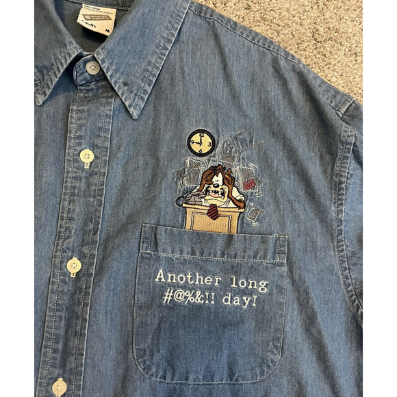 WARNER BROTHERS Tasmanian Devil Another Long #@%&!! Day! Denim Button Up Adult M - Picture 9 of 9